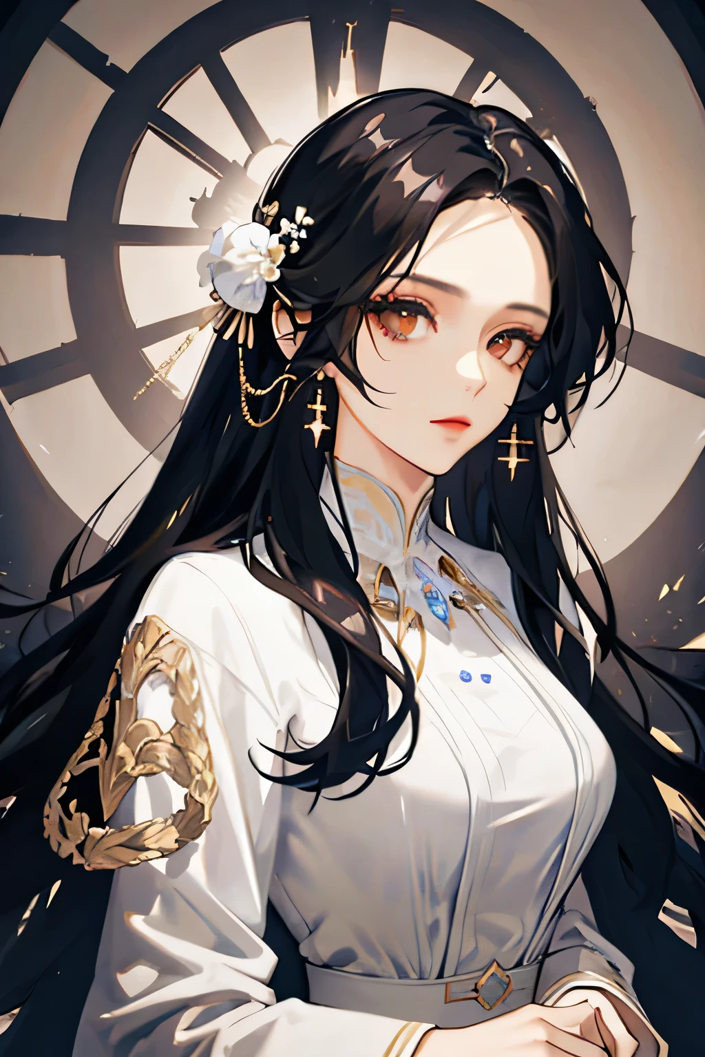 (masterpiece:1.2),1 woman,black long hair,Brown eyes,(fabulous:1.4),White dress,fantasy,elegant,royal,dreamy lighting,very detailed face,Strong woman,suit
