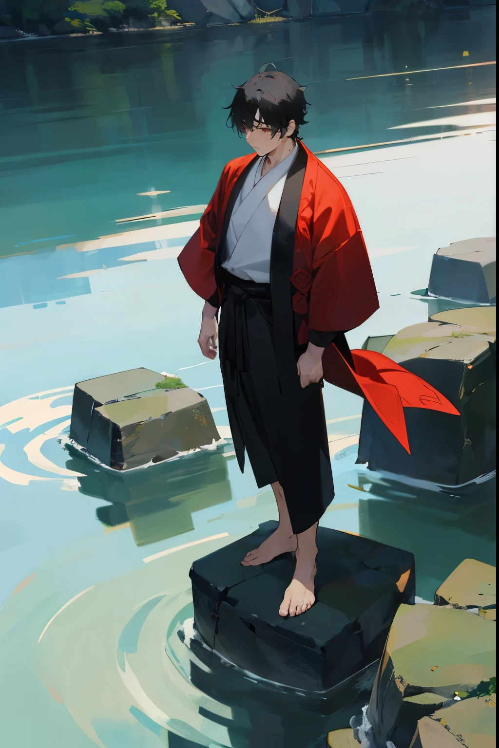 1male , Black Hair ,Red Yukata , Grey and Green Haori worn over , White Eyes , Muscular , Perfect Generation , Adult Male , Standing on Stones in the water