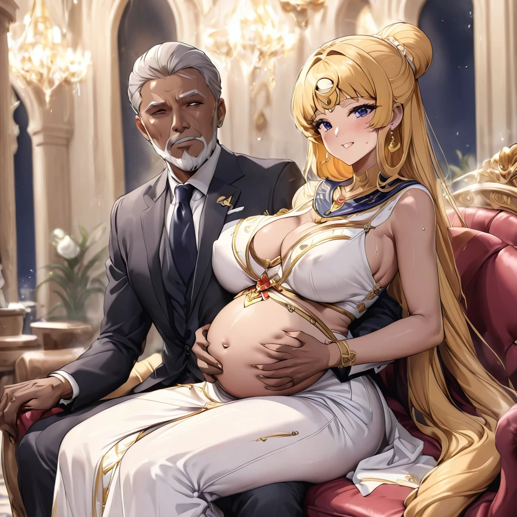 ((Highest quality)), ((masterpiece)), (detailed), （Perfect Face）、The woman is an Egyptian named Tsukino Usagi with vivid brown skin, and is wearing a gorgeous, glittering Egyptian traditional dress with gold embroidery, a gorgeous hijab, gorgeous jeweled accessories and an engagement ring in a luxurious Egyptian mansion. The woman and the man are sitting on a luxurious, large sofa in the luxurious room, and the woman is being held in the arms of a dignified, strong, Egyptian middle-aged man with a beard.、The woman is the elegant Tsukino Usagi, with long blonde hair in a chignon twin tail. The woman is an Egyptian with vivid brown skin and wearing Egyptian clothing.、（The woman is the dark-skinned Egyptian Tsukino Usagi.）、the woman is pregnant