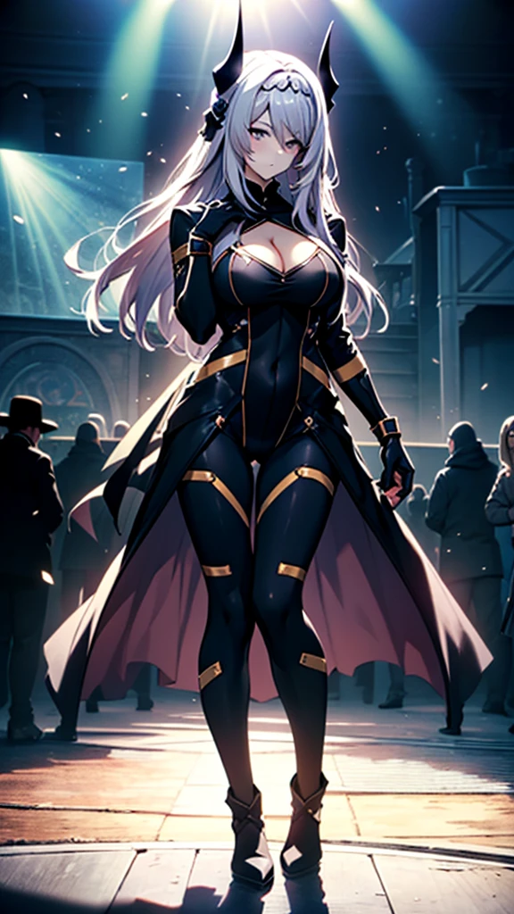 (full body),masterpiece，Highest quality, Cowboy Shot，Kung Fu Pose，Beautiful and exquisite body,Horn, tiara, Veil,(A body-hugging enamel bodysuit，Rubber Suit， Black bodysuit, Scapula, Long sleeve, Cleavage cutout, Black gloves, Black overskirt, Black trousers)，Show me your boots，leotard，elegant, 1 Girl, cute, Blushed, Looking at the audience,  Beautiful Eyes, Beautiful background, Particles of light, Light of the sun, Dramatic lighting, outside, Shiny, Realistic,  Highest quality, Very detailed, Get used to it, scenery, Beautiful and exquisite, Thin Hair，Full Body Shot，