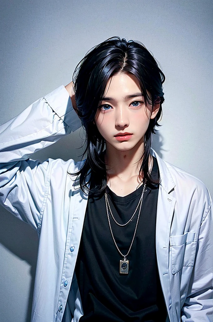 A boy in a , black hair and blue eyes very cute but also handsome