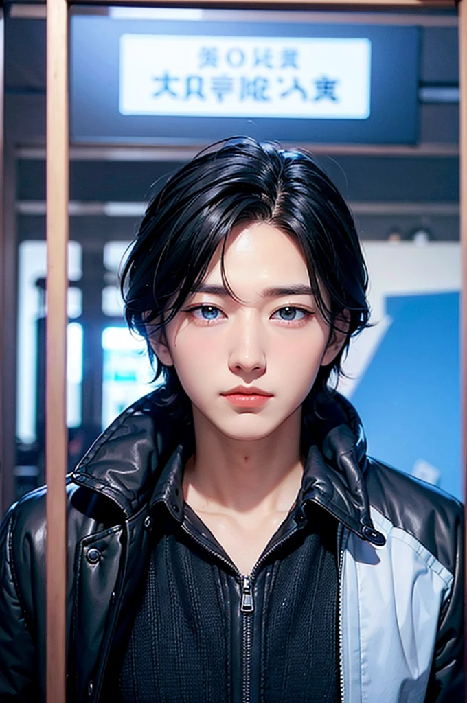 A boy in a , black hair and blue eyes very cute but also handsome