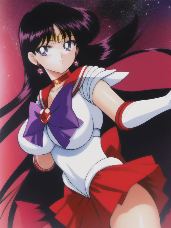 hino_rei, huge_breasts, standing, solo, White_leotard_Red_sailor_collar_Red_miniskirt_White_gloves_Red_High_heels_Red_choker_Purple_bowtie_Red_back_bow_Circlet_Red_brooch_Short_sleeves, starry_sky,, masterpiece, best quality, detailed face, detailed eyes, highres,