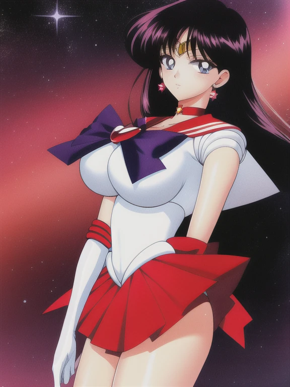 hino_rei, huge_breasts, standing, solo, White_leotard_Red_sailor_collar_Red_miniskirt_White_gloves_Red_High_heels_Red_choker_Purple_bowtie_Red_back_bow_Circlet_Red_brooch_Short_sleeves, starry_sky,, masterpiece, best quality, detailed face, detailed eyes, highres,