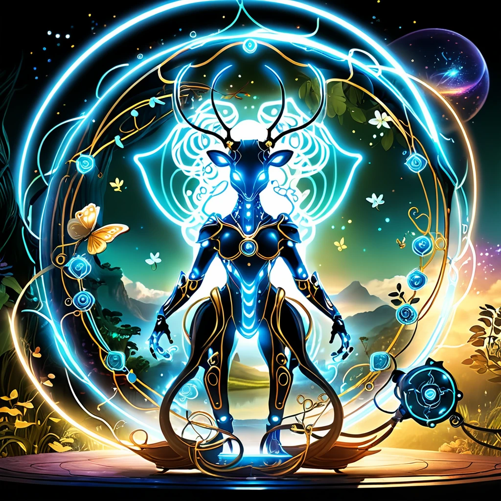 Illustrate a whimsical Eden where AI-powered creatures and enchanted organic beings engage in harmonious activities, blurring the lines between magic and technology.