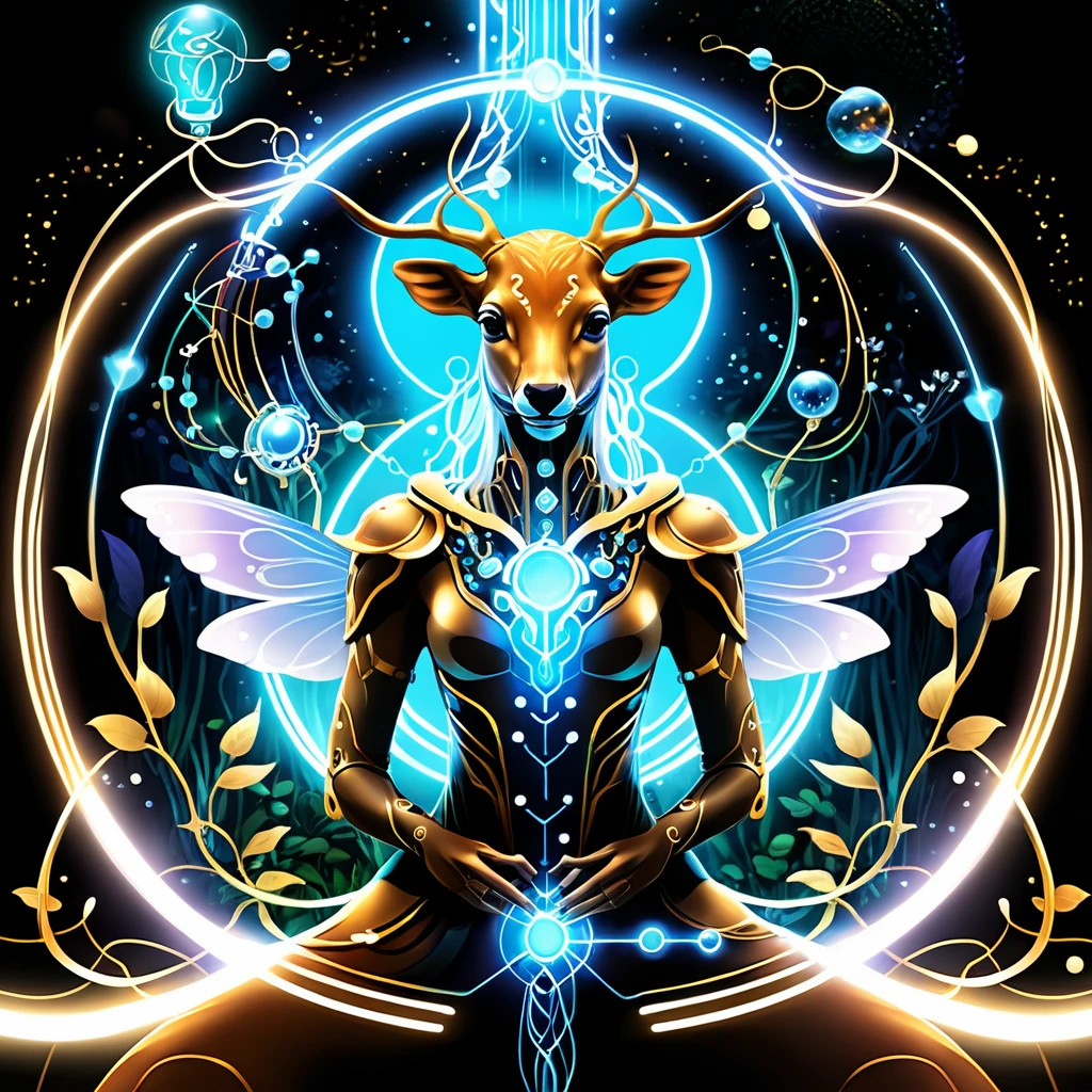 Illustrate a whimsical Eden where AI-powered creatures and enchanted organic beings engage in harmonious activities, blurring the lines between magic and technology.
