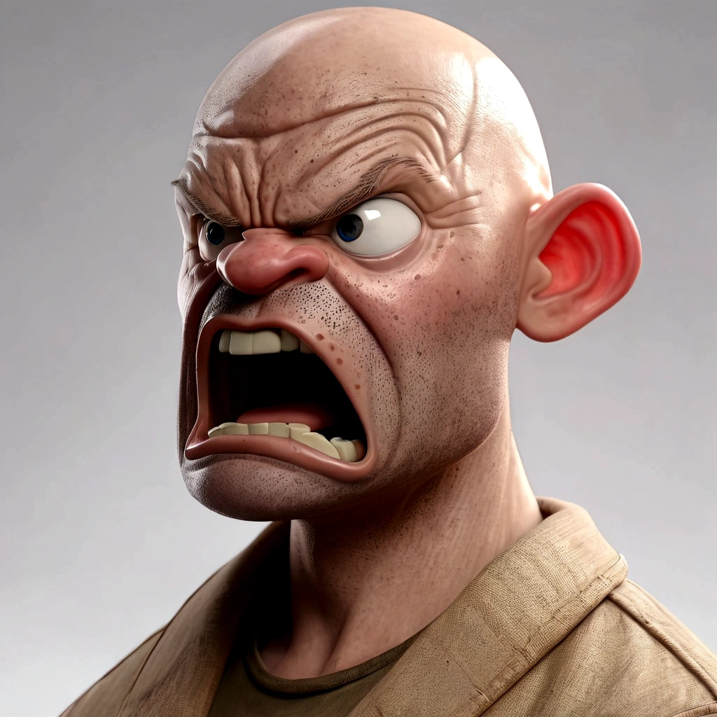 portrite of a angry bald man on transparent background