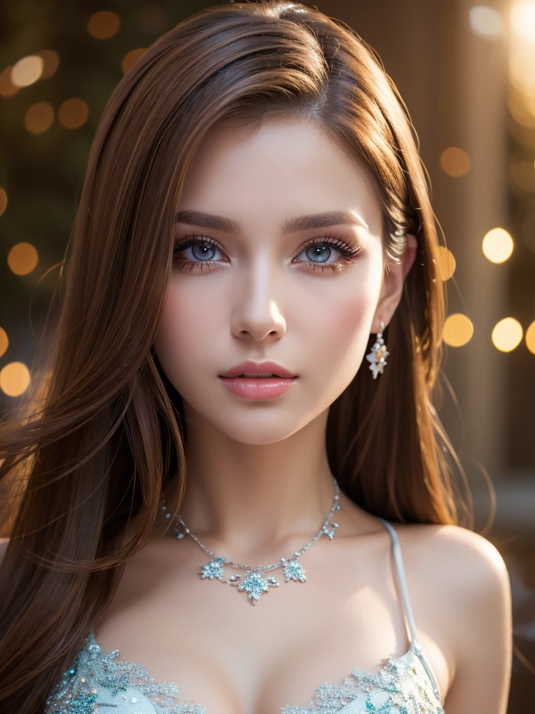 a beautiful young russian woman, detailed face, ((high quality)), photorealistic, stunning eyes, long eyelashes, flawless skin, light brown hair, tight waist, necklace, active posing, long hairstyle, vivid colors, masterpiece, best quality, confident expression, ultra-detailed, (realistic:1.37), 8K, HDR, studio lighting, physically-based rendering, professional, vivid colors, bokeh, beautiful figure, gorgeous lips, fantasy snowy landscape