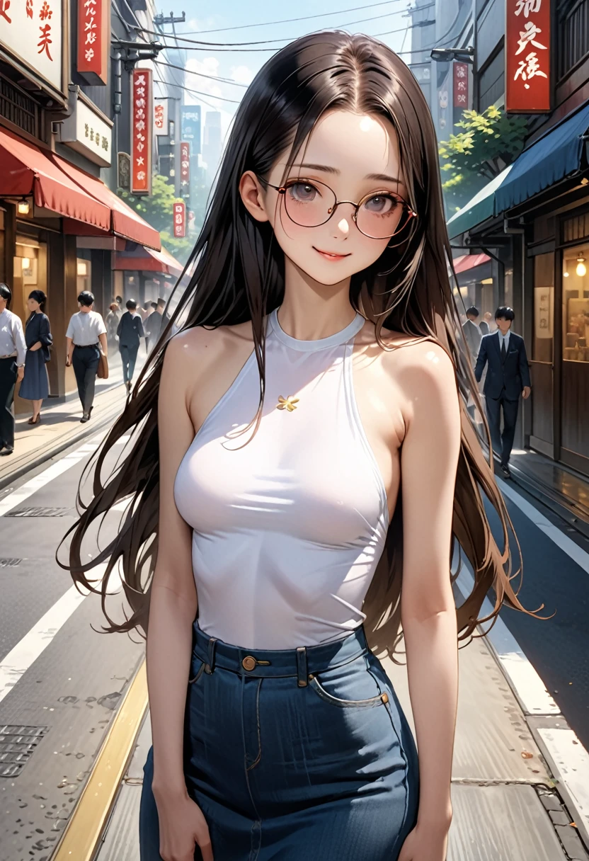((masterpiece,Highest quality;1.3,best illustration,realistic)),1woman、独奏,22 year old beauty,((very small head:1.1)),center parted bangs,forehead,black hair,long hair,black eyes,gorgeous eyes,Black-rimmed glasses、shy,smile,medium breasts,((very long body)),((toned body,slender body,skinny)),gleaming skin,shiny skin,oily skin,white formal shirt、Denim skirt、on street,Tokyo、