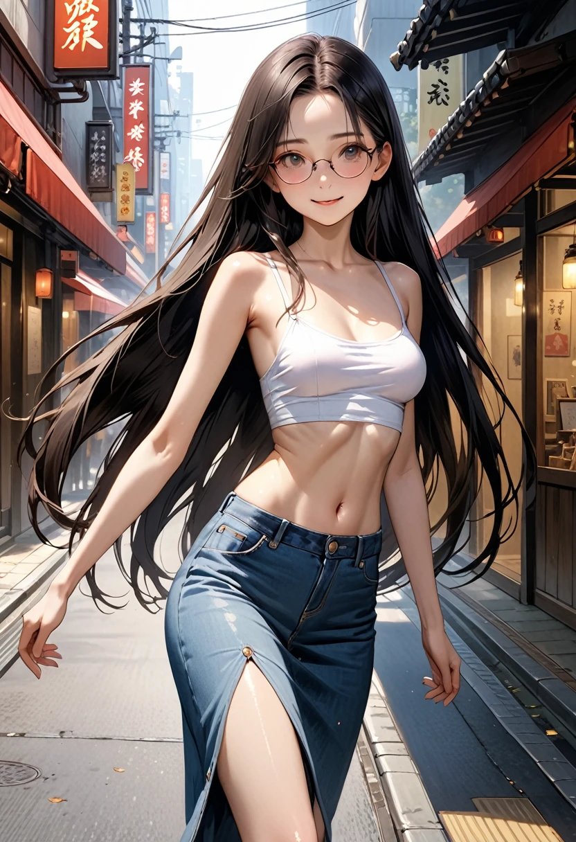 ((masterpiece,Highest quality;1.3,best illustration,realistic)),1woman、独奏,22 year old beauty,((very small head:1.1)),center parted bangs,forehead,black hair,long hair,black eyes,gorgeous eyes,Black-rimmed glasses、shy,smile,medium breasts,((very long body)),((toned body,slender body,skinny)),gleaming skin,shiny skin,oily skin,white formal shirt、Denim skirt、on street,Tokyo、