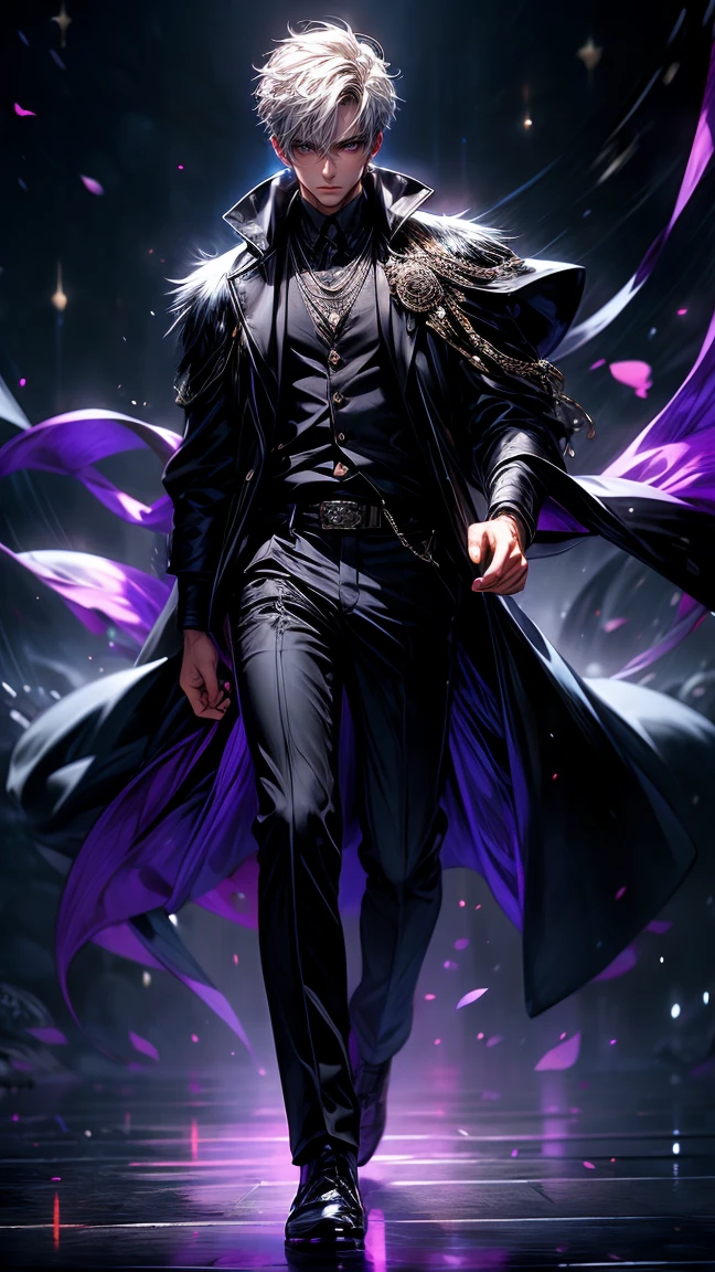 Masterpiece, best quality, high resolution, highly detailed, 1  boy ( teenaery young handsome face,  white hair ( light in the hair), purple eyes ( glowing eyes ), cold expression (  unhappy expression ), wearing a black hoodie, and black pants, black watch, surrounded by the splendors of the universe, pay attention to stunning details, and achieve a resolution of 128k, floating in a dynamic pose, high quality, with a majestic aura of authority, full body.