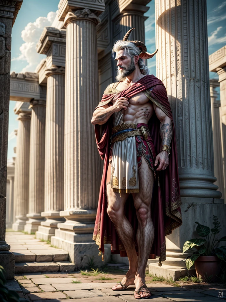 a satyr with white hair and beard, dressed like an Ancient Greek philosopher, Greek tunic with gold embroidery, Greek toga, goat's horns and paws, standing before a Greek temple, skinny, small and slim, hairy, Greek mythology, fauna, bright colors, dnd character art