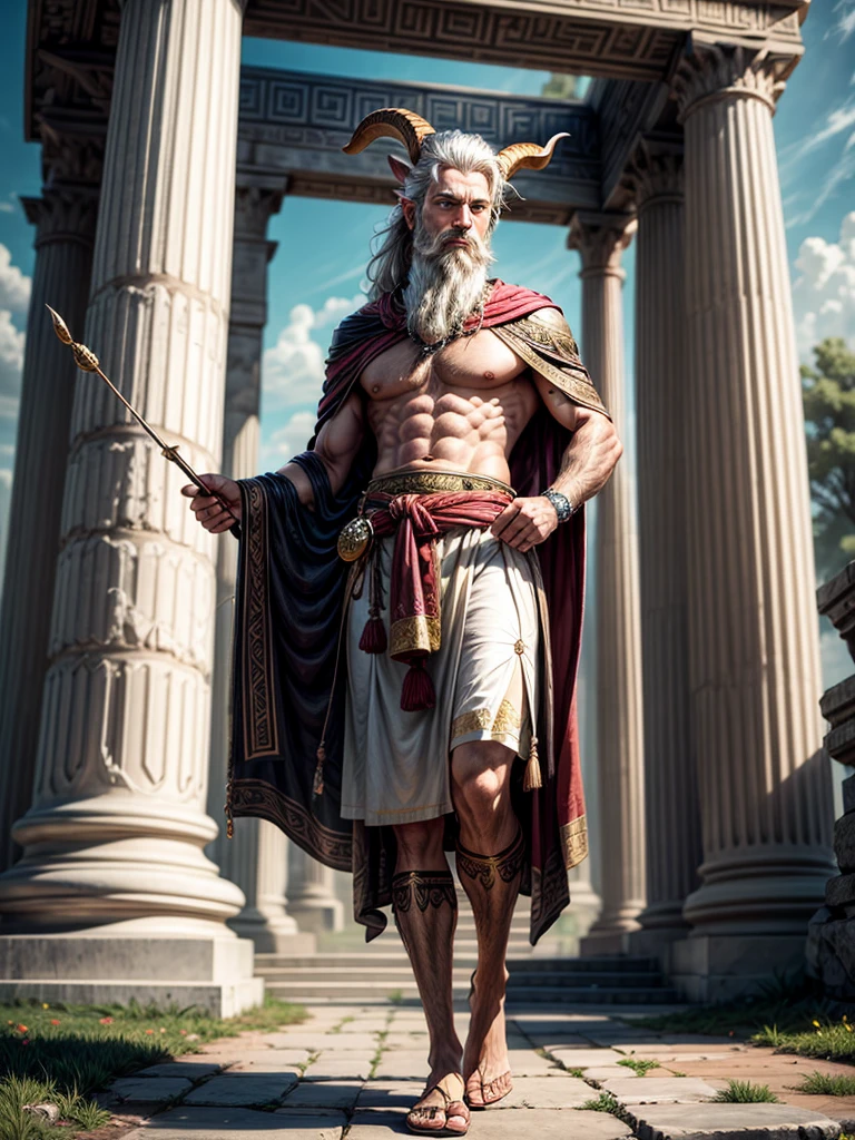 a satyr with white hair and beard, dressed like an Ancient Greek philosopher, Greek tunic with gold embroidery, Greek toga, goat's horns and paws, standing before a Greek temple, skinny, small and slim, hairy, Greek mythology, fauna, bright colors, dnd character art