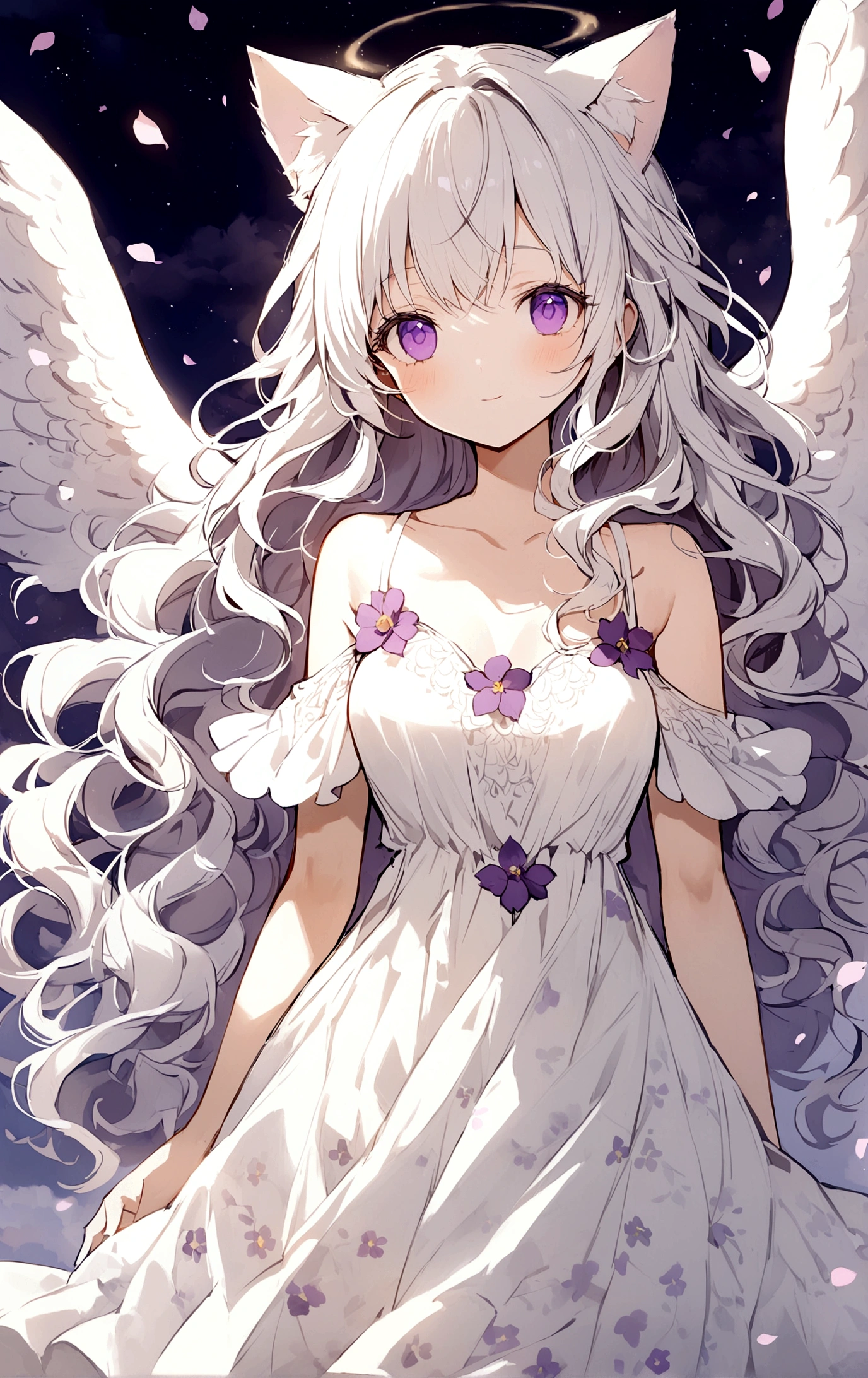 Wink,Long Wavy Hair,White hair is very attractive, Detailed and precise manual work, Attractive girl, White cat ears,Purple eyes and white eyelashes,light in your eyes,Big angel wings,fly in the sky,Above the Clouds,Great light, Petals flutter,Delicate, A loose white dress with purple floral print, Hand-drawn illustration,Broad background,