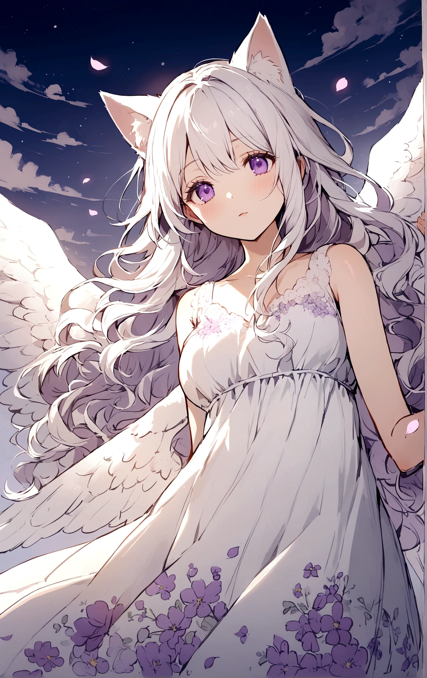 Wink,Long Wavy Hair,White hair is very attractive, Detailed and precise manual work, Attractive girl, White cat ears,Purple eyes and white eyelashes,light in your eyes,Big angel wings,fly in the sky,Above the Clouds,Great light, Petals flutter,Delicate, A loose white dress with purple floral print, Hand-drawn illustration,Broad background,