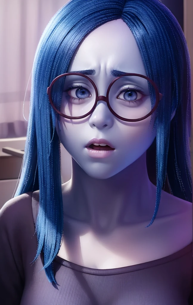 better quality work (fear, high purple, dark blue straight hair,Dark clothes, round purple glasses frame,fear e tedio) pixar animation playfully 2 