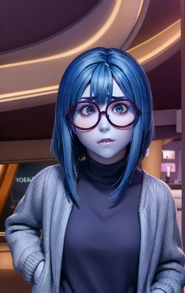 better quality work (fear, high purple, dark blue straight hair,Dark clothes, round purple glasses frame,fear e tedio) pixar animation playfully 2 