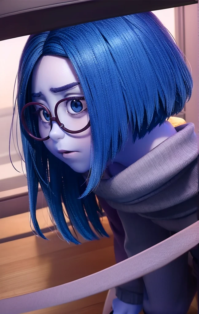 better quality work (fear, high purple, dark blue straight hair,Dark clothes, round purple glasses frame,fear e tedio) pixar animation playfully 2 