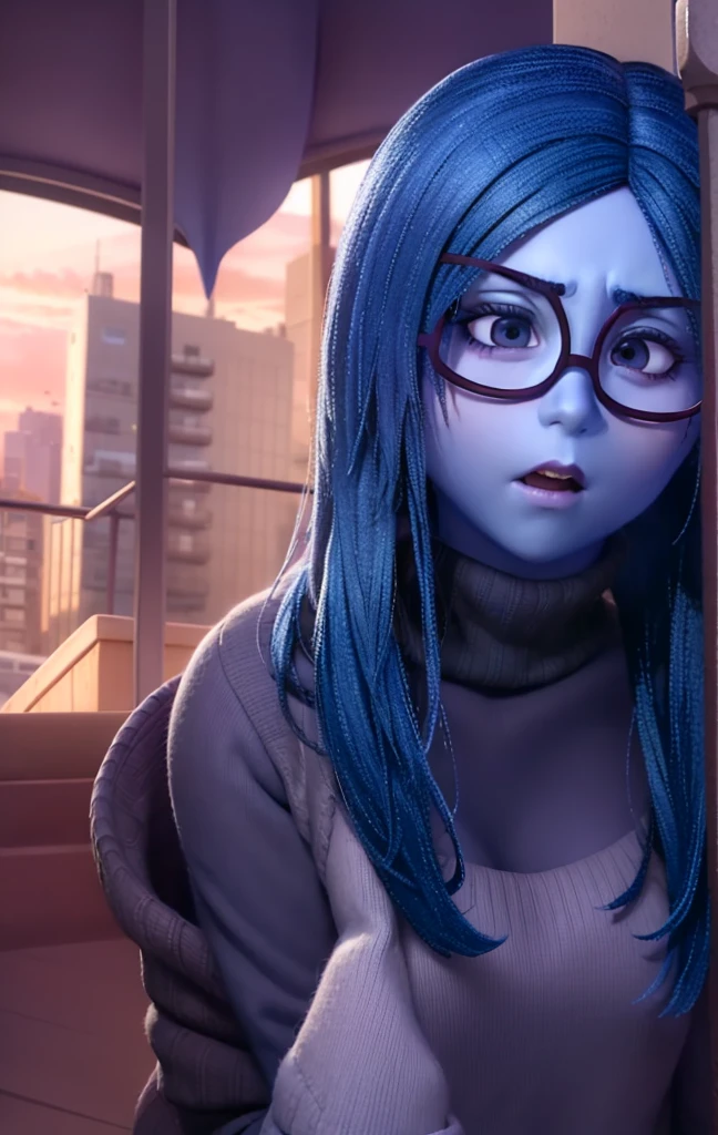 better quality work (fear, high purple, dark blue straight hair,Dark clothes, round purple glasses frame,fear e tedio) pixar animation playfully 2 