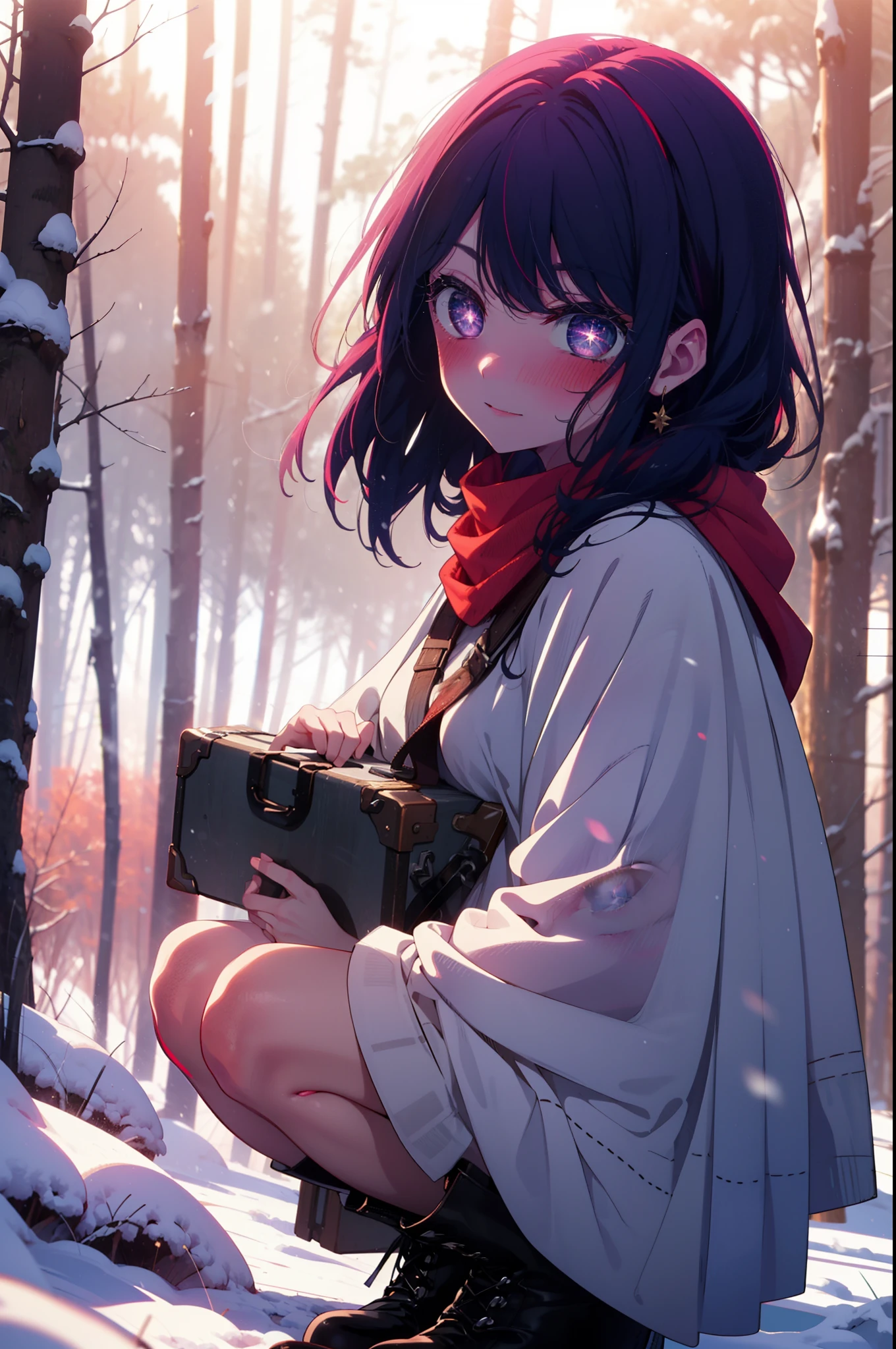 aihoshino, Ai Hoshino, Long Hair, bangs, (Purple eyes:1.1), Purple Hair, (Symbol-shaped pupil:1.5), smile,,smile,blush,White Breath,
Open your mouth,snow,Ground bonfire, Outdoor, boots, snowing, From the side, wood, suitcase, Cape, Blurred, , forest, White handbag, nature,  Squat, Mouth closed, Cape, winter, Written boundary depth, Black shoes, red Cape break looking at viewer, Upper Body, whole body, break Outdoor, forest, nature, break (masterpiece:1.2), Highest quality, High resolution, unity 8k wallpaper, (shape:0.8), (Beautiful and beautiful eyes:1.6), Highly detailed face, Perfect lighting, Extremely detailed CG, (Perfect hands, Perfect Anatomy),