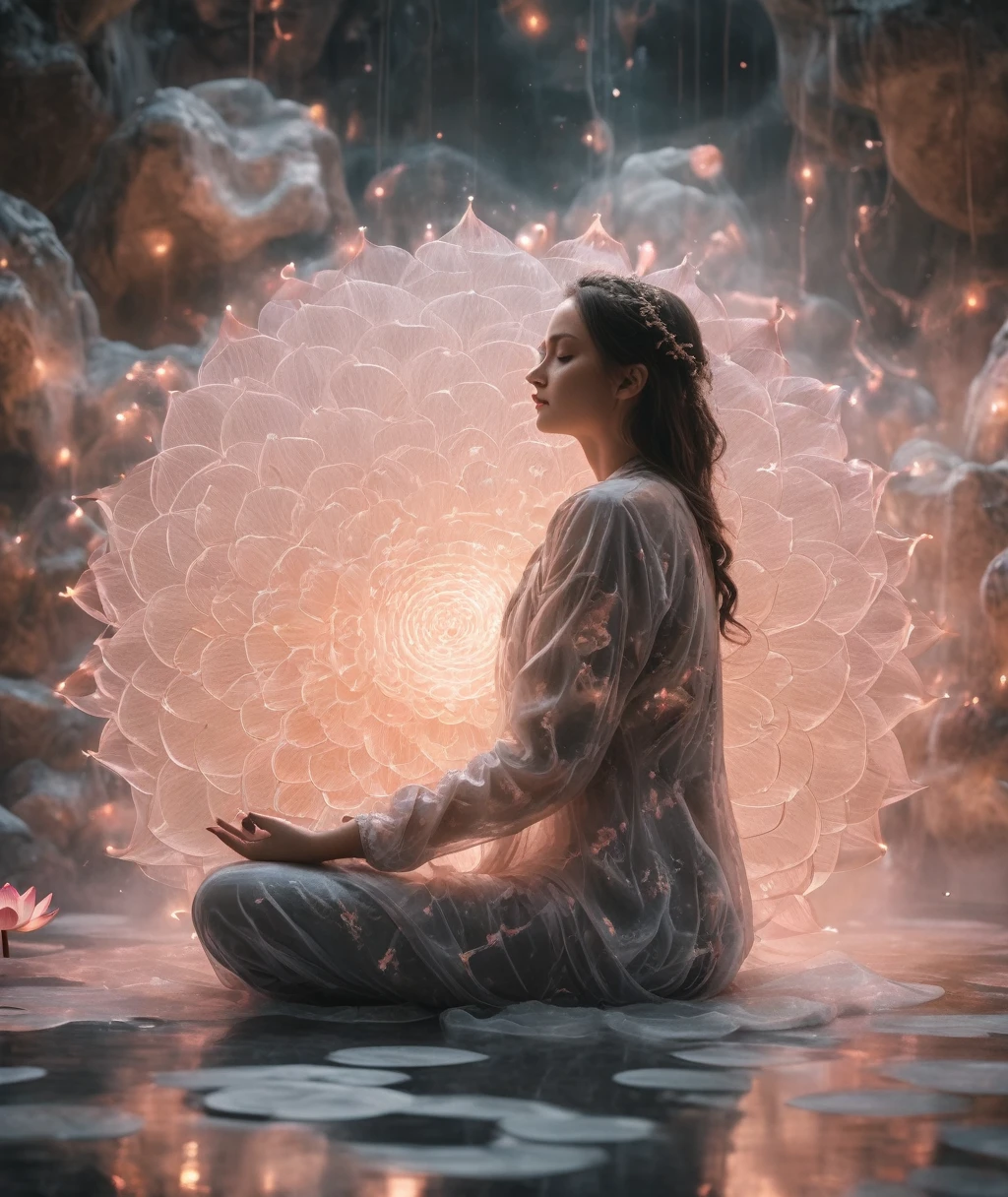 Full body photography of girl in lotus pose，Anatomically correct,Raw, Filming, (concentrate:1.5), (Reality:1.4), Dusk lighting, Volumetric Lighting, Ultra-high resolution, 16K,Dramatic Lighting, White background：1.5）（Tangled，Mandala，dispute，Entanglement：0.7），Bomber Jacket,Transformation, Depth of Field, Dreamy atmosphere, The most beautiful chaos, grace, Brutalist Design Dark Theme, Flower of Death, Flowers of ecstasy，Glowing Line,Glow Example，Tracking Example，flash， Backlight，translucent，Light Particles,HILL，exit