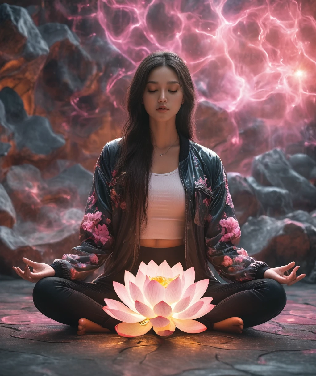 Full body photography of girl in lotus pose，Anatomically correct,Raw, Filming, (concentrate:1.5), (Reality:1.4), Dusk lighting, Volumetric Lighting, Ultra-high resolution, 16K,Dramatic Lighting, White background：1.5）（Tangled，Mandala，dispute，Entanglement：0.7），Bomber Jacket,Transformation, Depth of Field, Dreamy atmosphere, The most beautiful chaos, grace, Brutalist Design Dark Theme, Flower of Death, Flowers of ecstasy，Glowing Line,Glow Example，Tracking Example，flash， Backlight，translucent，Light Particles,HILL，exit