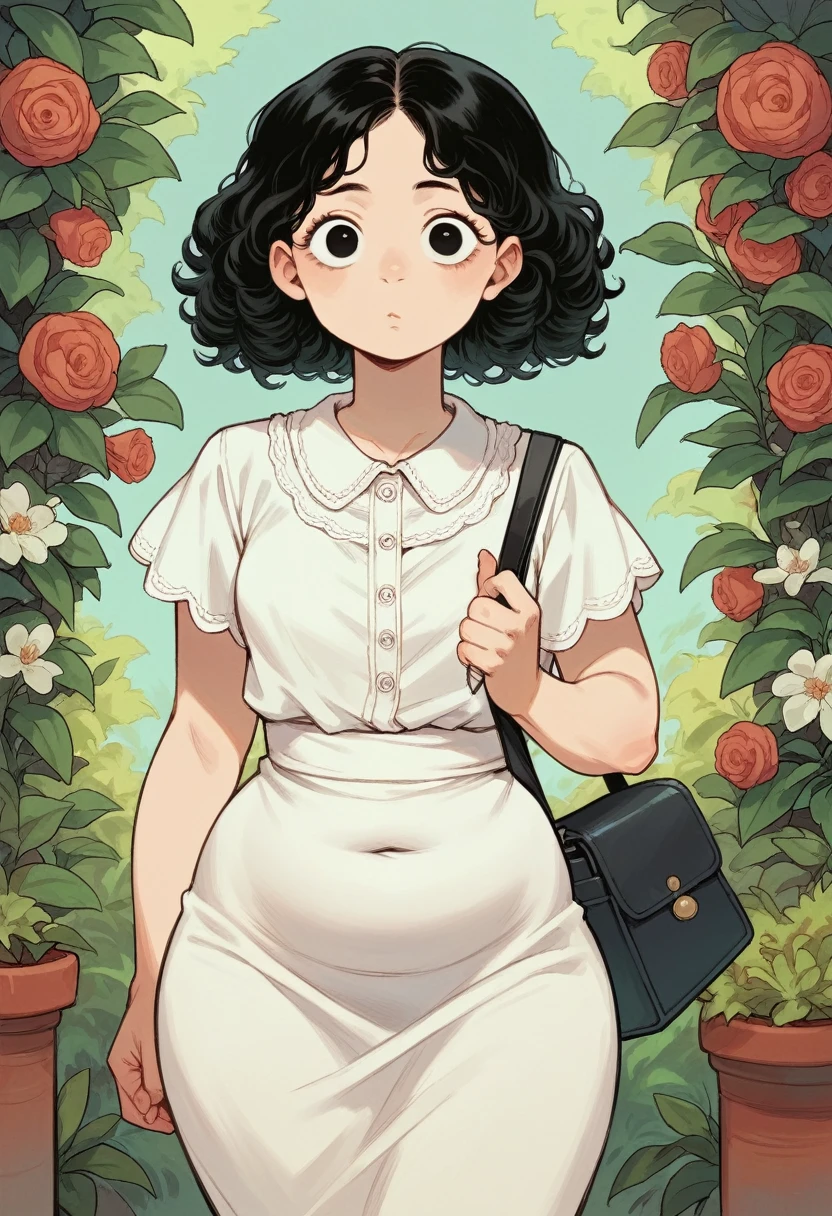 alone, 1 woman 40 years old, mulatto, chubby, Slim waist wide hips, black eyes, Round face, short black curly hair , wearing dress, with side bag , notebook in arms, garden background