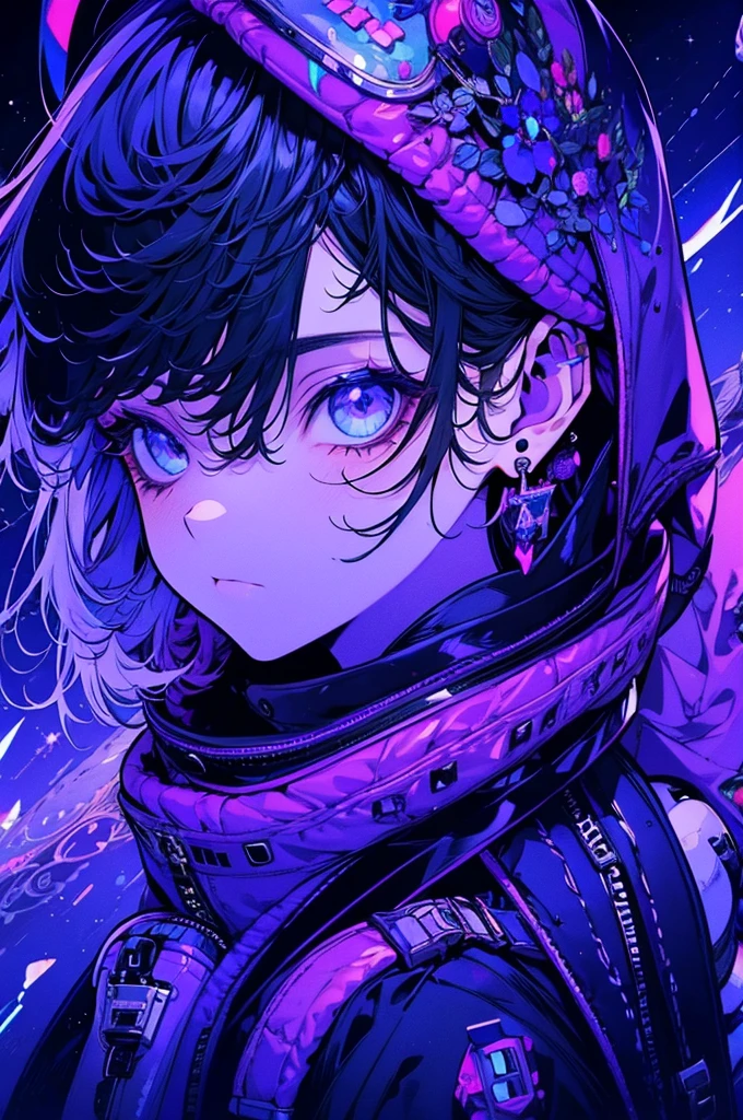 Pre-Girl, Floating in space, Wearing a space suit, Science, Huge space city, The lighting is gorgeous, The helmet has a light, Bring a jetpack, Mole under the eye, Purple eyes, Long eyelashes, Decided, Contemplative, Anatomically correct, masterpiece, Highest quality