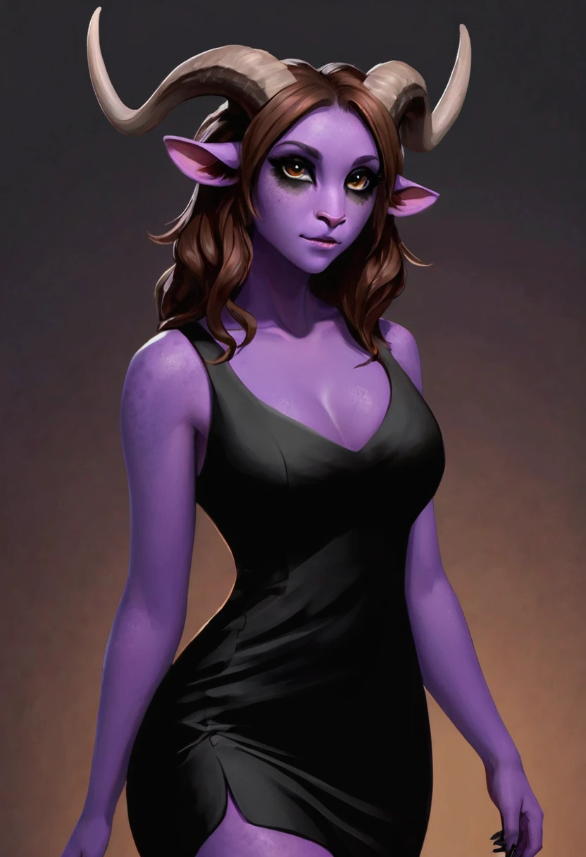 Satyr, female, purple skin, black fur, brown hair, black eyes, straight horns, vantablack dress.