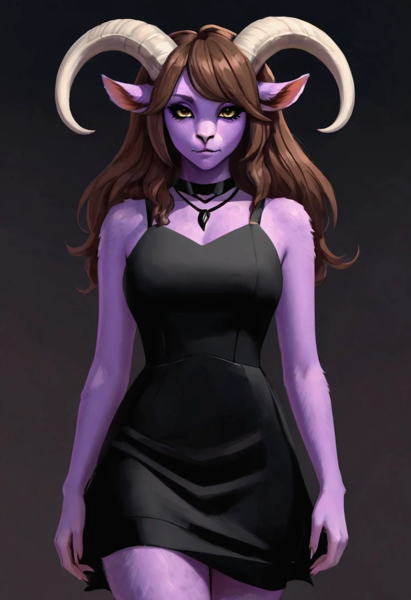 Satyr, female, purple skin, black fur, brown hair, black eyes, straight horns, vantablack dress.