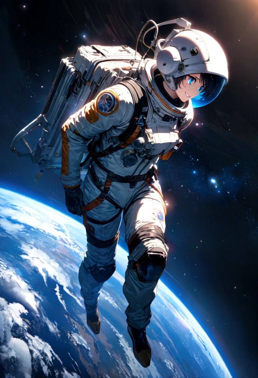 astronaut, Holy, intricate detail, Highly Detailed beautiful and aesthetic, amazing quality, (masterpiece), (high quality), wallpaper 8K CG, high resolution, extremely detailed, photorealistic, wide-angle, Top view, depthoffield, beautiful detailed fullbody, single human girl, extremely beautiful detailed anime face and eyes, grin, Beautiful detailed gemological eyes, beautiful detailed face in aerospace helmet, aerospace suit, cosmonaut, (Earth in the distance), standing in Outer Space, countless stars, innumerable stars, grand space, delicate background, luminous particles, complex details, 