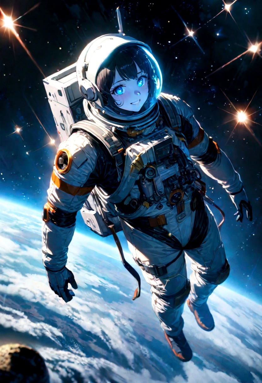 astronaut, Holy, intricate detail, Highly Detailed beautiful and aesthetic, amazing quality, (masterpiece), (high quality), wallpaper 8K CG, high resolution, extremely detailed, photorealistic, wide-angle, Top view, depthoffield, beautiful detailed fullbody, single human girl, extremely beautiful detailed anime face and eyes, grin, Beautiful detailed gemological eyes, beautiful detailed face in aerospace helmet, aerospace suit, cosmonaut, (Earth in the distance), standing in Outer Space, countless stars, innumerable stars, grand space, delicate background, luminous particles, complex details, 