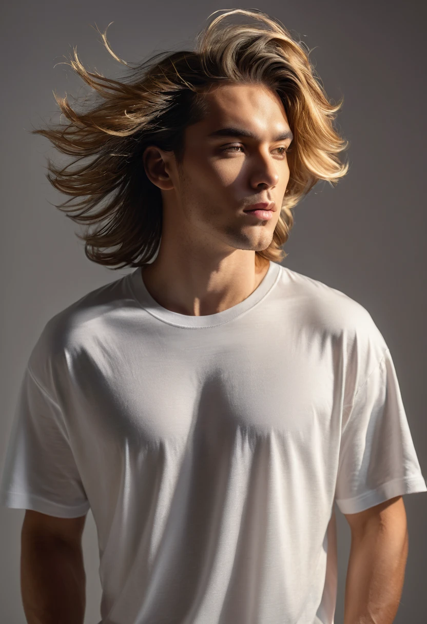oversized tshirt on male model,realistic,studio lighting,high quality,detailed texture,fashion photography,8k,photorealistic,hyper detailed,beautiful girl,blowing hair,dynamic pose,natural lighting,cinematic composition,beautiful background,soft focus,golden hour lighting,elegant,graceful,natural,serene