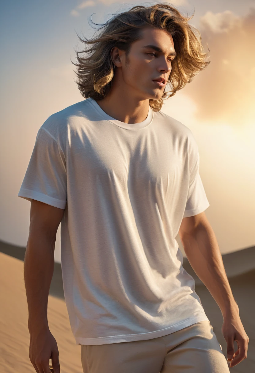 oversized tshirt on male model,realistic,studio lighting,high quality,detailed texture,fashion photography,8k,photorealistic,hyper detailed,beautiful girl,blowing hair,dynamic pose,natural lighting,cinematic composition,beautiful background,soft focus,golden hour lighting,elegant,graceful,natural,serene