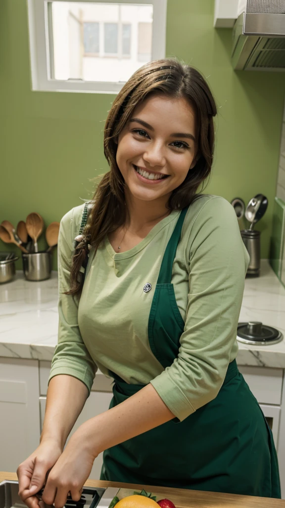 smiling person in a green kitchen