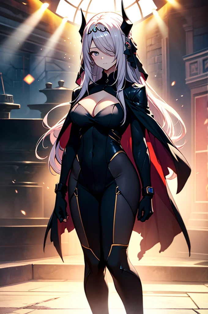 (full body),masterpiece,Highest quality, Cowboy Shot,Kung Fu Pose,Beautiful and exquisite body,Horn, tiara, Veil,(A body-hugging enamel bodysuit,Rubber Suit, Black bodysuit, Scapula, Long sleeve, cutout, Black gloves, Black overskirt, Black trousers),Show me your boots,leotard,elegant, 1 Girl, cute, Blushed, Looking at the audience, Beautiful Eyes, Beautiful background, Particles of light, Light of the sun, Dramatic lighting, outside, Shiny, Realistic, Highest quality, Very detailed, Get used to it, scenery, Beautiful and exquisite, Thin Hair,Full Body Shot,
