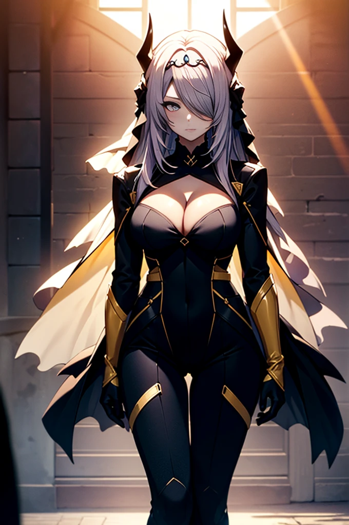 (full body),masterpiece,Highest quality, Cowboy Shot,Kung Fu Pose,Beautiful and exquisite body,Horn, tiara, Veil,(A body-hugging enamel bodysuit,Rubber Suit, Black bodysuit, Scapula, Long sleeve, Cleavage cutout, Black gloves, Black overskirt, Black trousers),Show me your boots,leotard,elegant, 1 Girl, cute, Blushed, Looking at the audience, Beautiful Eyes, Beautiful background, Particles of light, Light of the sun, Dramatic lighting, outside, Shiny, Realistic, Highest quality, Very detailed, Get used to it, scenery, Beautiful and exquisite, Thin Hair,Full Body Shot,