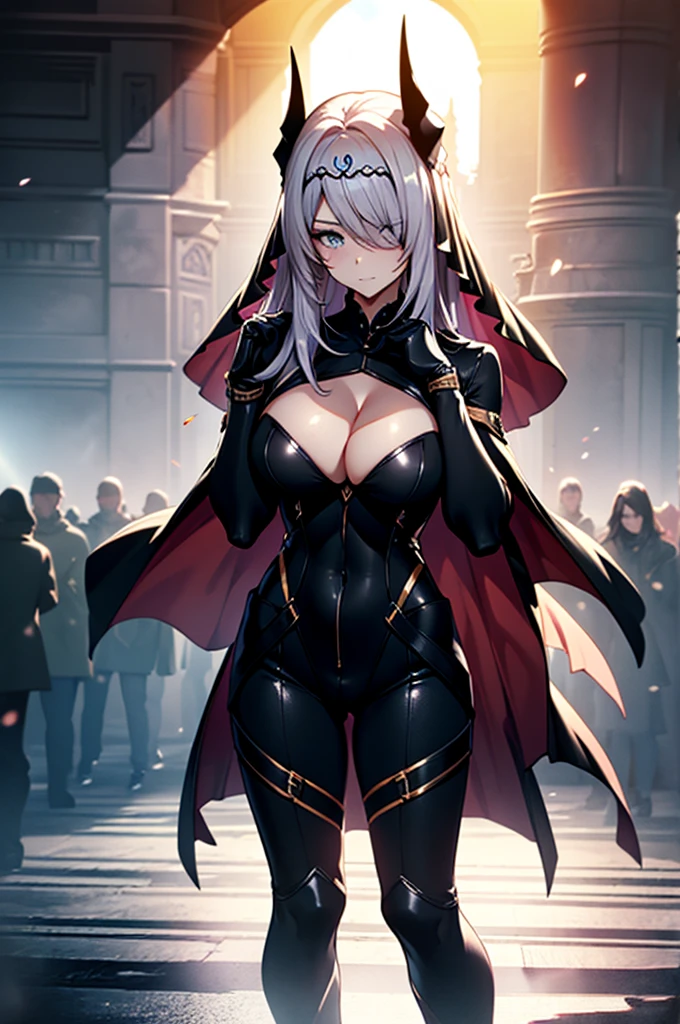 (full body),masterpiece,Highest quality, Cowboy Shot,Kung Fu Pose,Beautiful and exquisite body,Horn, tiara, Veil,(A body-hugging enamel bodysuit,Rubber Suit, Black bodysuit, Scapula, Long sleeve, Cleavage cutout, Black gloves, Black overskirt, Black trousers),Show me your boots,leotard,elegant, 1 Girl, cute, Blushed, Looking at the audience, Beautiful Eyes, Beautiful background, Particles of light, Light of the sun, Dramatic lighting, outside, Shiny, Realistic, Highest quality, Very detailed, Get used to it, scenery, Beautiful and exquisite, Thin Hair,Full Body Shot,