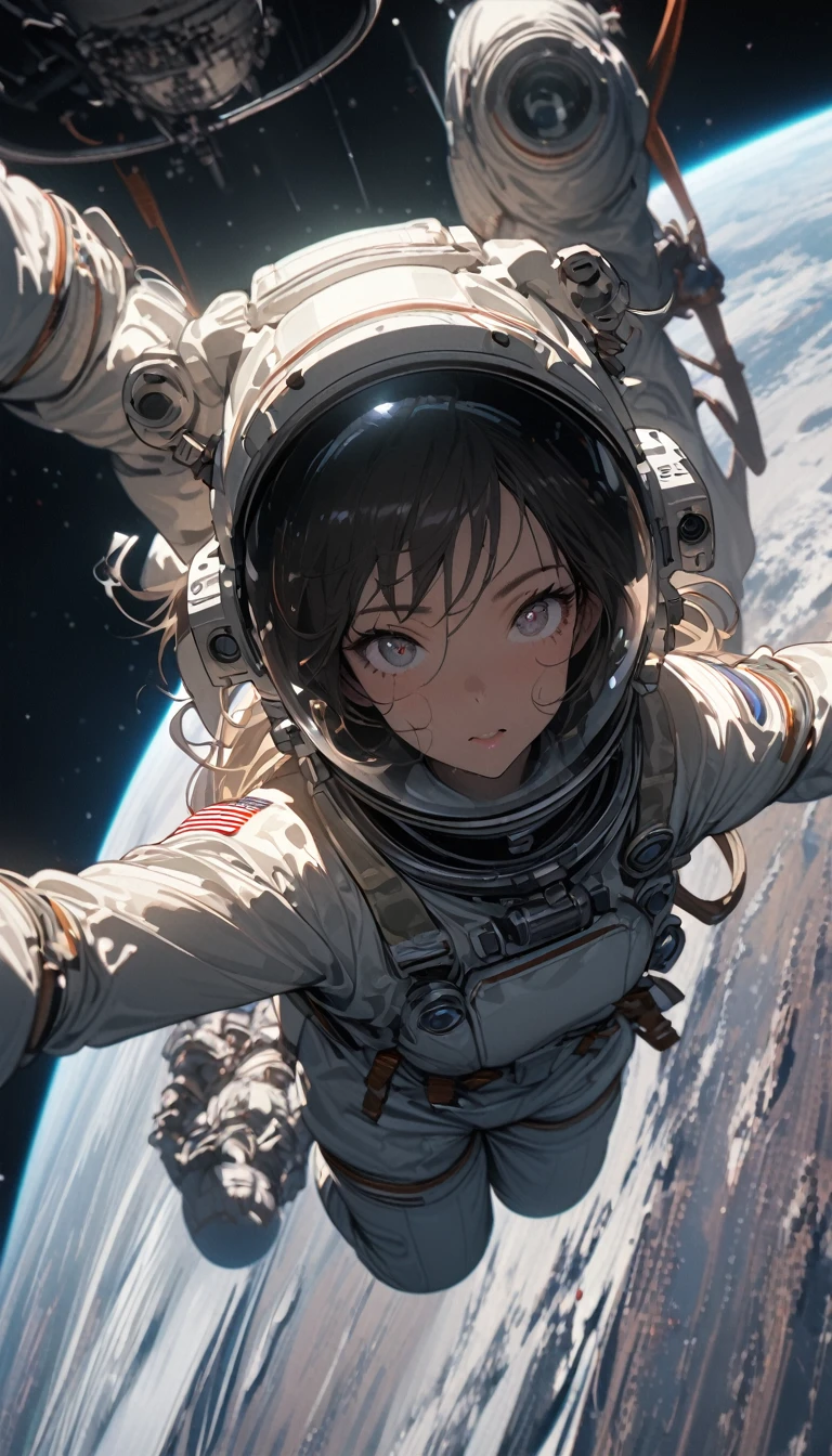Medium shot，Satellite view，woman，Astronauts suspended in space，lunar backdrop， Stereoscopic perspective, masterpiece, Facial details, very good, 16k resolution, high quality, light, High Detail, Dynamic perspective, detailed, Epic imagery，Shocking scene