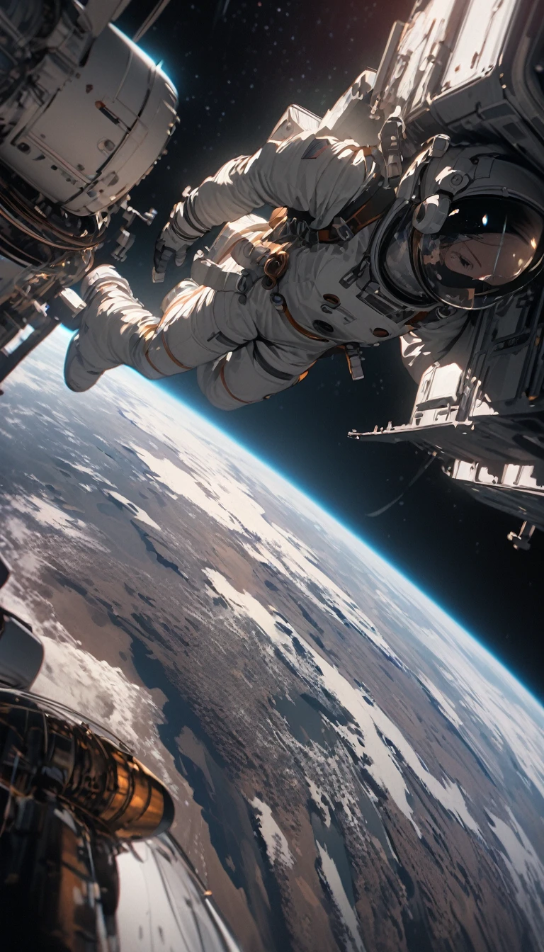 Medium shot,Satellite view,woman,Astronauts suspended in space,lunar backdrop, Stereoscopic perspective, masterpiece, Facial details, very good, 16k resolution, high quality, light, High Detail, Dynamic perspective, detailed, Epic imagery,Shocking scene