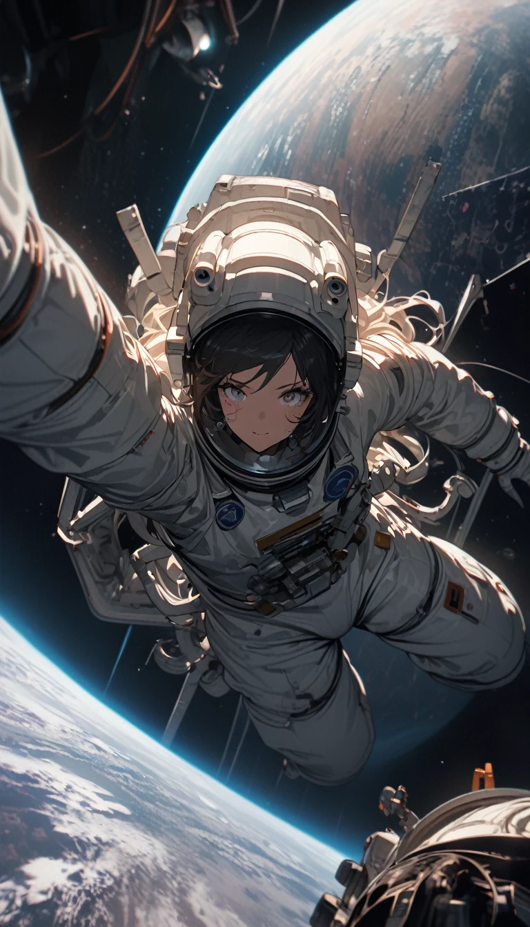 Medium shot，Satellite view，woman，Astronauts suspended in space，lunar backdrop， Stereoscopic perspective, masterpiece, Facial details, very good, 16k resolution, high quality, light, High Detail, Dynamic perspective, detailed, Epic imagery，Shocking scene