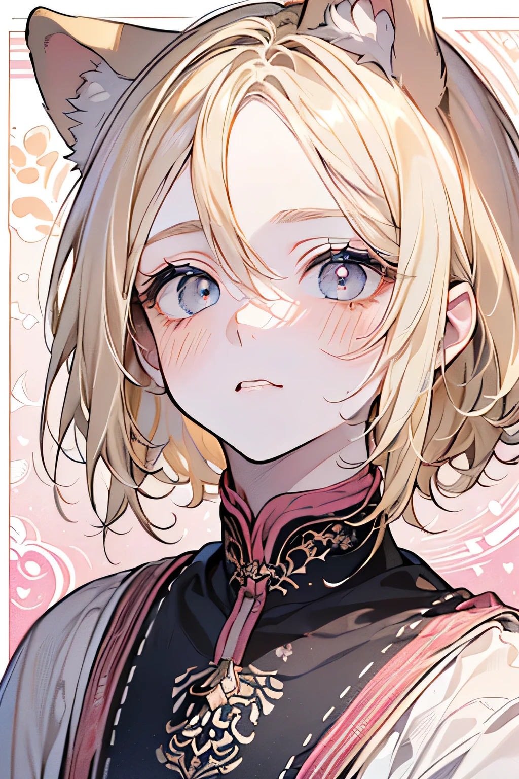 ,(((male:1.3))),((blonde hair:1.3)),(Shiny marble eyes:1.45),(mark on forehead),(NFV:1.15),((drooping dog ears:1.2)),(brilliant, Soft face:1.4),((blush、waiting for a kiss、excited face:1.2)),((Head down:1.3)),(Head down and Looking up:1.5),((Pop and cute background with animal footprints:1.25)),((Gorgeous Arabic costume.:1.3)),(black、grey、white、pink),(paw to cheek pose:1.2)