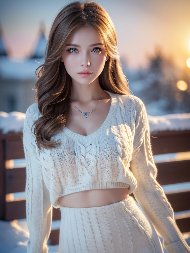 beautiful young russian woman, detailed and photorealistic face, stunning eyes with long eyelashes, flawless skin, light brown hair, tight waist, wearing necklace, active posing, long hairstyle, confident expression, beautiful figure with gorgeous lips, fantasy snowy landscape background, Loose-fitting knit clothing, (best quality,4K,8K,highres,masterpiece:1.2),ultra-detailed,(realistic,photorealistic,photo-realistic:1.37),HDR,studio lighting,physically-based rendering,professional,vivid colors,bokeh