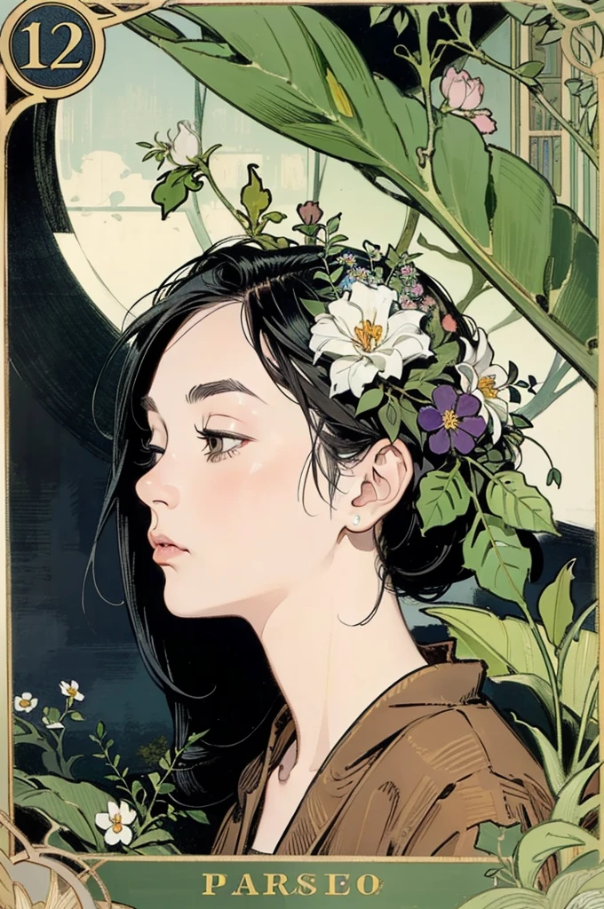 Detailed Background,Mucha style、Art Nouveau、Tarot Cards、Botanical Art,Flower Art,(Floral:1.2), (masterpiece, Highest quality),Vibrant colors,colorful, Highest quality, Amazing details, Anatomically correct, Line art, Written boundary depth,Flat Shading,Bokeh, girl, 12 years old,, profile、She has black hair。she has a wide forehead。She has no bangs。(Short Bob）。Brow wrinkles。nsfw