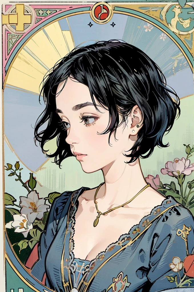 Detailed Background,Mucha style、Art Nouveau、Tarot Cards、Botanical Art,Flower Art,(Floral:1.2), (masterpiece, Highest quality),Vibrant colors,colorful, Highest quality, Amazing details, Anatomically correct, Line art, Written boundary depth,Flat Shading,Bokeh, girl, ,, profile、She has black hair。she has a wide forehead。She has no bangs。(Short Bob）。Brow wrinkles。nsfw