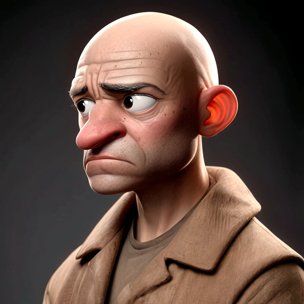 portrite of a sad bald man on transparent background