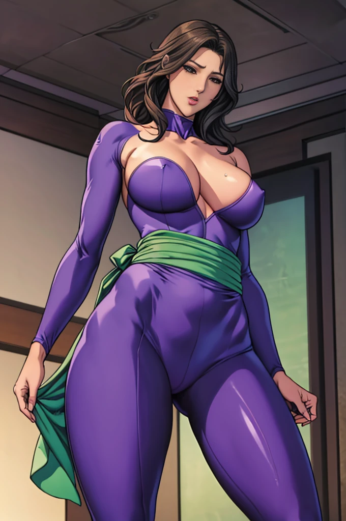 woman((28 years old)), hair((Wavy, Black)), eye((smart eye, green)), Clothes((Purple bodysuit, Strapless, No sleeve, Green sash,)), girl，alone，Gray background，Artistic lighting，Beautiful Asian Goddess，eyelash, Red lipstick, (Shiny costumes),(Wearing a belt around his waist),Sensual,(風に吹かれるhair),Graceful features，No sleeve，Mature Woman, 成熟したwoman,Detailed fingers, Perfect hands, Length 180cm,Small face,sweating,Soft thighs,Sexy legs,Sexy ass, Cleavage,Open the chest,Smooth thighs and legs，((Amazing orgasm)),大きなSexy ass, Perfect Body Proportions, Slim waist,Nipples visible,Tight waist,(Long legs:1.4),F cup bust,Huge :1.3，perspective:1.2，Looking at the audience，Character-centric，symmetry diagram，whole body:1.5，From below:1.3，Abdominal shot