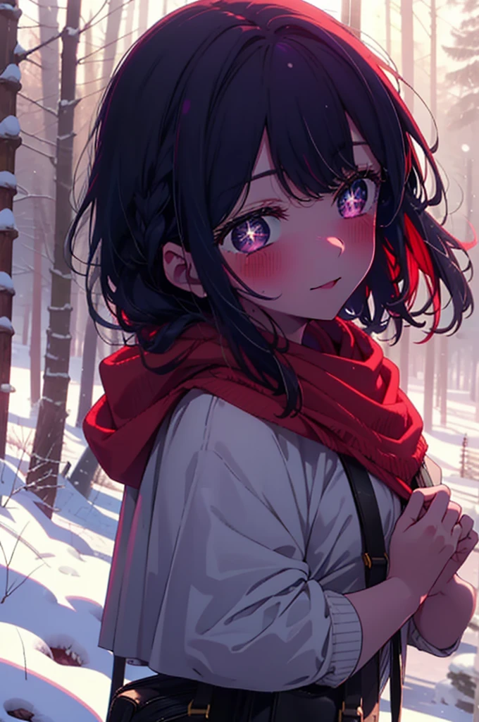 aihoshino, Ai Hoshino, Long Hair, bangs, (Purple eyes:1.1), Purple Hair, (Symbol-shaped pupil:1.5), smile,,smile,blush,White Breath,
Open your mouth,snow,Ground bonfire, Outdoor, boots, snowing, From the side, wood, suitcase, Cape, Blurred, , forest, White handbag, nature, Squat, Mouth closed, Cape, winter, Written boundary depth, Black shoes, red Cape break looking at viewer, Upper Body, whole body, break Outdoor, forest, nature, break (masterpiece:1.2), Highest quality, High resolution, unity 8k wallpaper, (shape:0.8), (Beautiful and beautiful eyes:1.6), Highly detailed face, Perfect lighting, Extremely detailed CG, (Perfect hands, Perfect Anatomy),