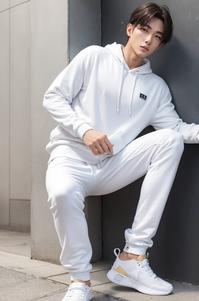 man with white sweatshirt and white pants 