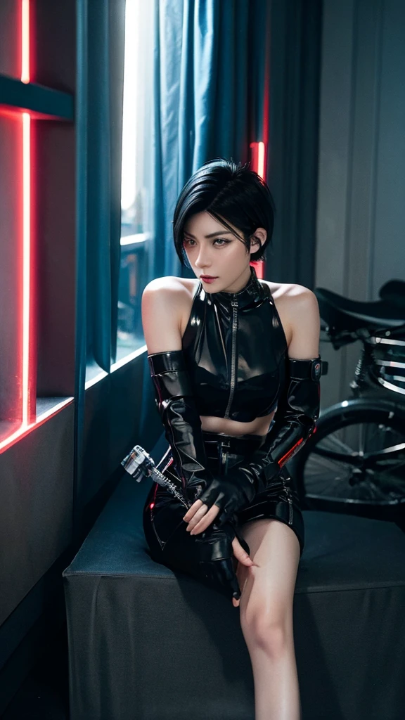 Cyberpunk cool woman short hair Black Hair bike